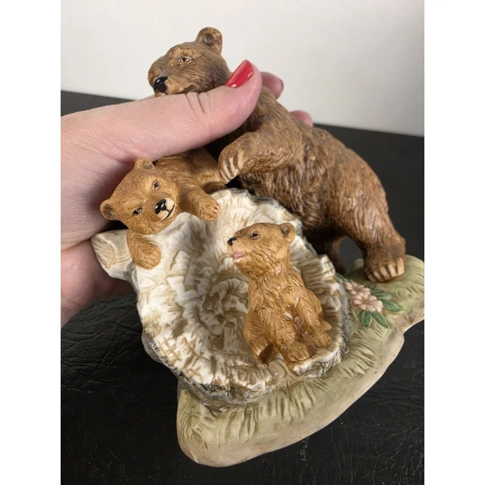 Curious Cubs Bear Family On Log & Base HOMCO Figurine #1435 Home Interiors Mama